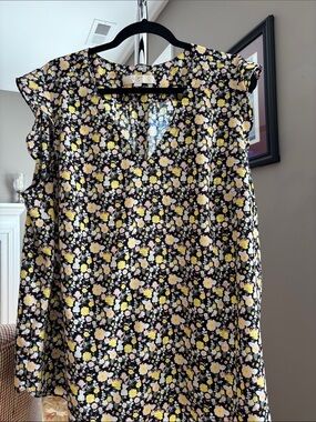 LOFT Black Floral Flutter Sleeve Top with Yellow & Pink Blooms